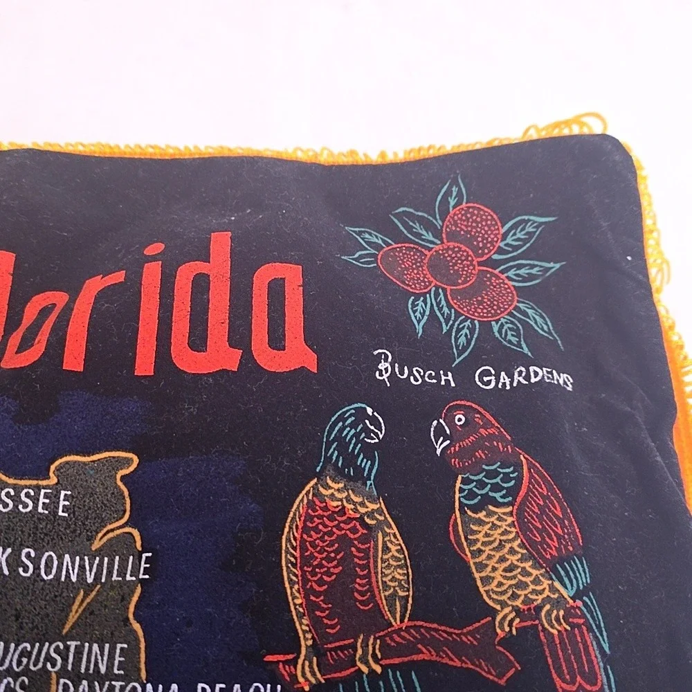 Busch Gardens Florida Souvenir Pillow Case Black Orange Velvet Fringe Tropical